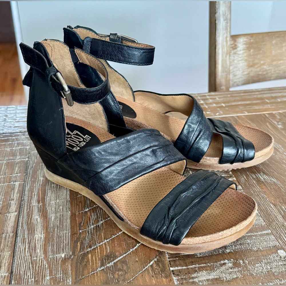 Miz Mooz Black Leather Wedge Sandals